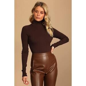 Lulus Basics Wilde Dark Brown Ribbed Long Sleeve Mock Neck Bodysuit - Size M